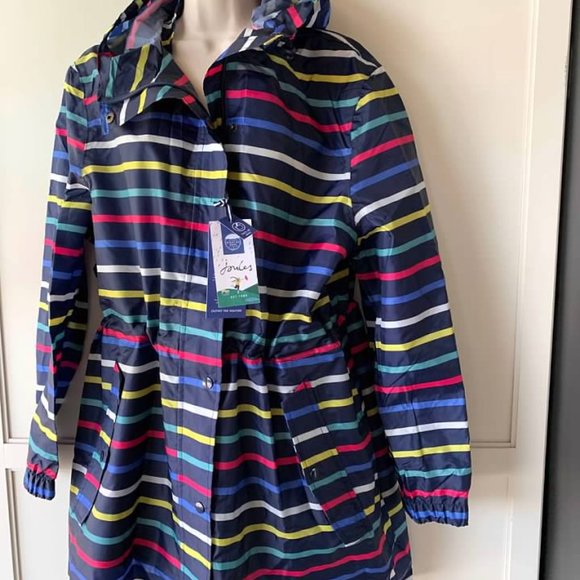 Joules Navy Multicolor Stripe Rain Coat-NWT- SZ 8, 10 & 12 - Picture 4 of 5
